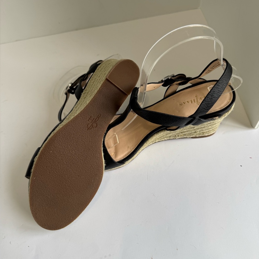 Cole Haan Elizabeth Wedge Sandal Black Leather T-Strap Espadrille Size 8 - Picture 15 of 16